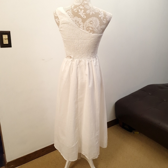 One Shoulder Smocked Cutout Waist Sundress Flowy A-Line Dress White Women Size S - Picture 12 of 17